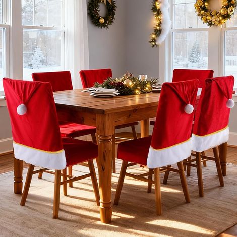 Lot de 6 Housses de Chaise de Noël Rouges en Velours Bonnet de Père Noël, 23,6 x 19,6 Pouces, Housses de Siège et de Dos pour Salle à Manger de Fête (1/4)