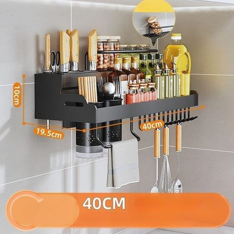 Mensola da cucina multiuso da parete (40 cm - Portabicchieri, 2 portacoltelli) - Non necessita di foratura - Porta spezie (1/4)