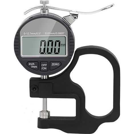 Este medidor de espesor digital mide espesores de 0 a 12,7 mm. Permite la medición precisa de una amplia gama de materiales planos y flexibles.