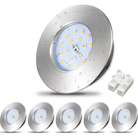 Set of 6 Waterproof Recessed Bathroom Downlights IP44 230V 5W Ultra-Slim Design 30mm Nickel Finish Natural White Light 500lm Diameter 68mm (1/3)