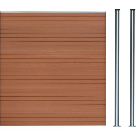 Kit Clôture 1 Panneau Composite Plastique Marron 9 Lames à Emboîter 185 cm H x 180 cm L & 2 Poteaux en Aluminium à LED Solaires Texture de Bois Reversible PVC Brise-Vue Extérieur Jardin Mur d'Intimité