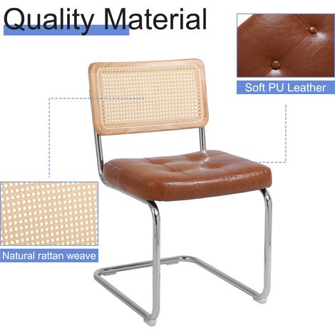 Lot de 2 chaises de salle à manger médiévales en rotin rembourré simili cuir. Sans accoudoirs cadre métallique chromé, design élégant