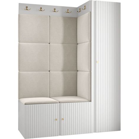 Mobilier1 – Meuble d'entrée Hartford 385 blanc – Dimensions 186x124x46 cm – MDF stratifié – Panneaux muraux souples – Fixation murale recommandée