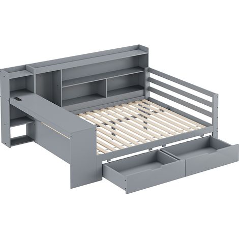 Letto multifunzione 140 x 200 cm in legno grigio con scrivania, ripiani, vani e presa (1/5)