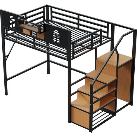 Metall-Hochbett 140 x 200 cm in Schwarz mit Stauraumtreppe, Regal und Bullaugen (1/5)