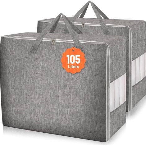 Juego de 2 bolsas de almacenamiento grises con una gran capacidad de 105 litros (con ventana de visualización), asa reforzada, cremallera, plegables, ideales para guardar ropa de cama, almohadas y rop (1/5)