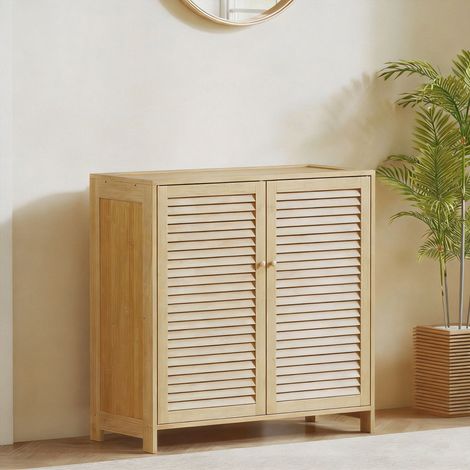 Meuble à chaussures en bambou 14 paires, armoire à chaussures avec portes persiennes et étagères réglables, bois naturel (1/5)