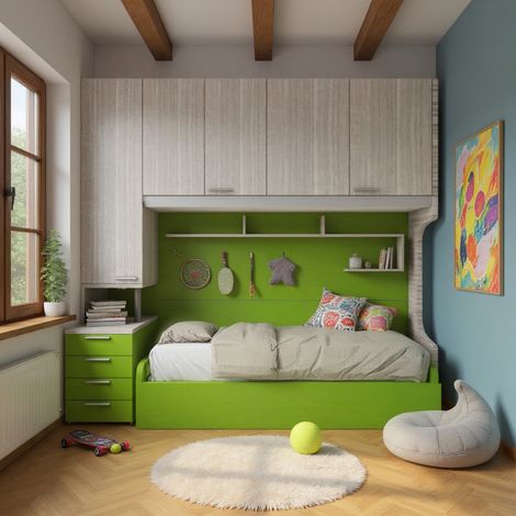 Cameretta a ponte con letto estraibile e spazio intelligente - Rovere rock e Verde mela