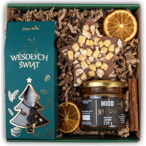 Set regalo di Natale per Babbo Natale: tè, miele, cioccolato, scatola a stella (1/5)