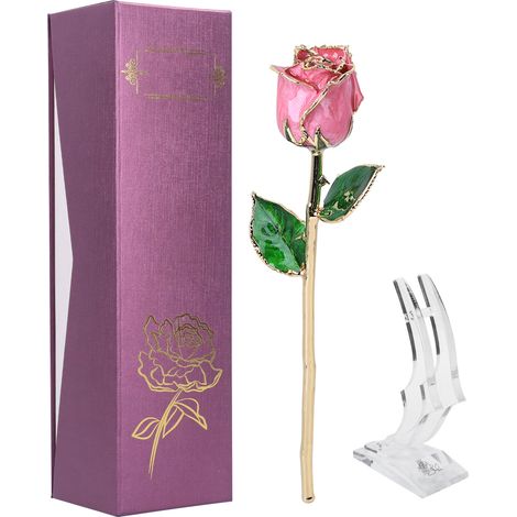 24K Gold Plated Real Roses Flower with Rose Stand Romantic Valentines Engagement Gift (1/5)