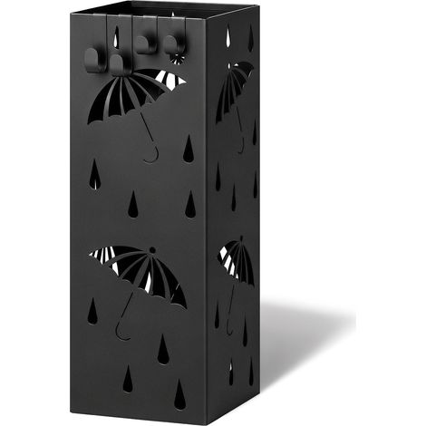 VOUNOT® Paragüero Metálico Soporte de Paraguas Portaparaguas con Bandeja de Goteo Extraíble y Ganchos Recipiente para Paraguas Patrón Paragua 15.5x15.5x43.5cm Negro (1/5)