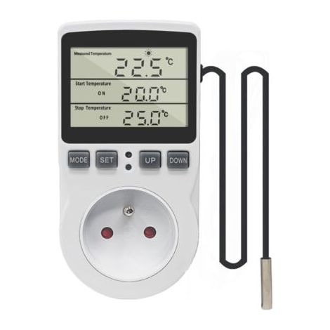 QORVA-Prise Thermostat Regulateur de Temperature Numerique 220V Chauffage Refroidissement avec Sonde, LCD Prise Contrôleur de Température pour Frigo Incubateur Serre Ventilateur