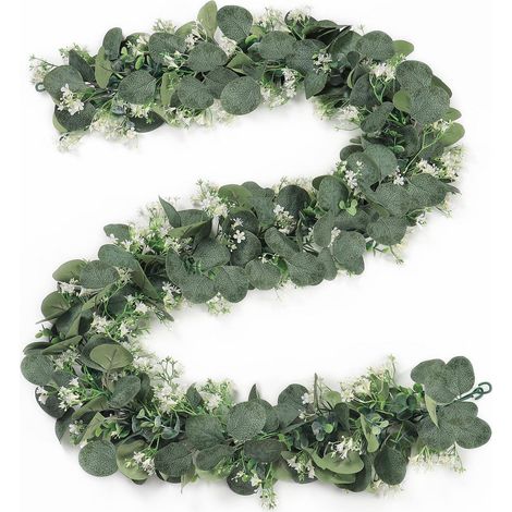 2er Set Künstliche Eukalyptus Girlande mit Weißen Blumen 180cm (1/5)