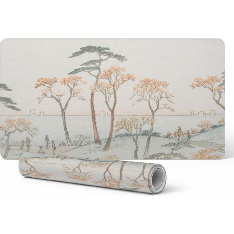 Alfombrilla de escritorio antideslizante y duradera con dise帽o de 谩rboles junto al agua, 90x45 cm.