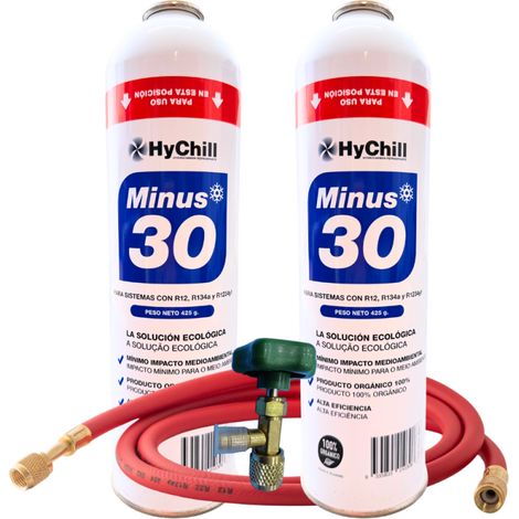 Pack 2 Gas Minus 30 Ecológico 995ml  Sustituto R134a R12 R1234yf  Incluye Llave y Manguera  850g Refrigerante Orgánico