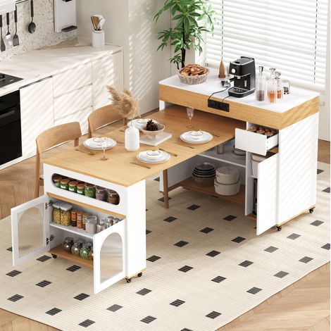 Tavolo cucina estensibile con ruote, prese integrate, MDF bianco e naturale HAVRYA (1/5)