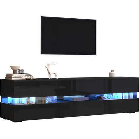 Meuble TV laqué brillant noir, 160x39x45 cm, avec éclairage LED intégré, 2 portes, 1 tiroir, niche ouverte, compatible écrans jusqu'à 70 pouces, insert acrylique transparent, ouverture push-to-open, d (1/5)