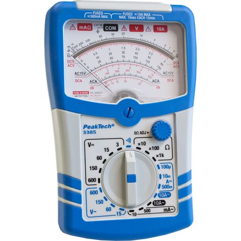 Multimetro analogico PeakTech P 3385, Dispositivo di misura con voltmetro, amperometro, tester di continuità, ohmetro, Fino a 600V AC DC 10A, adatto per installazioni elettriche a 230V (1/4)