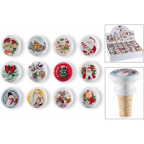Tappi in sughero e ceramica con decori a tema natalizi in espositore da 24 pezzi, set da 24 pezzi, Ø 4 cm x 3 H (con tappo 6)