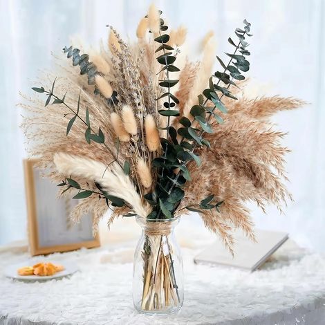 Lot de 92 Bouquets de Pampas Séchées Naturelles,Décoration en Pampas séchées,Fleurs de Queue de Lapin et Eucalyptus,Décoration Bohème pour Mariages, Fêtes,Maison et Table (1/5)