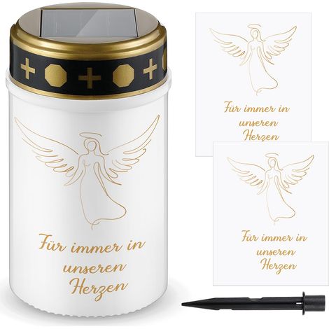 Lampe Funéraire Solaire à LED Bougies de Cimetière Imperméables avec 2 Autocollants Lampes Funéraires Électriques à Support avec Piquet de Terre (Blanc, Ange) (1/5)