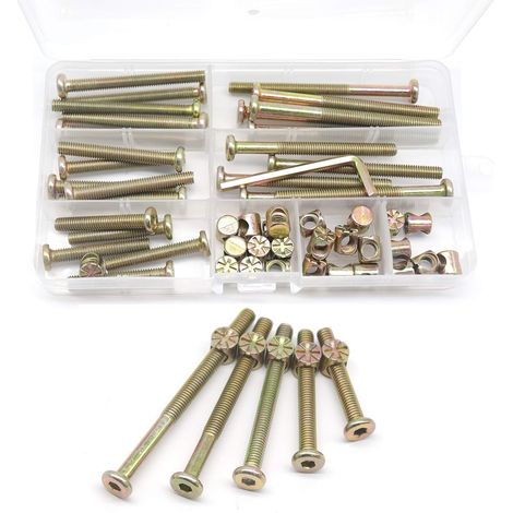 Kit de visserie pour meubles et lit bébé, 25 pièces, vis d’assemblage et boulons de liaison à six pans creux avec écrous à barillet et clé Allen, acier au carbone zingué, classe 4.8, longueurs assorti (1/3)
