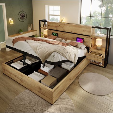 CHICFURN Letto contenitore 180x200 cm in MDF e metallo effetto rovere, senza materasso (1/5)