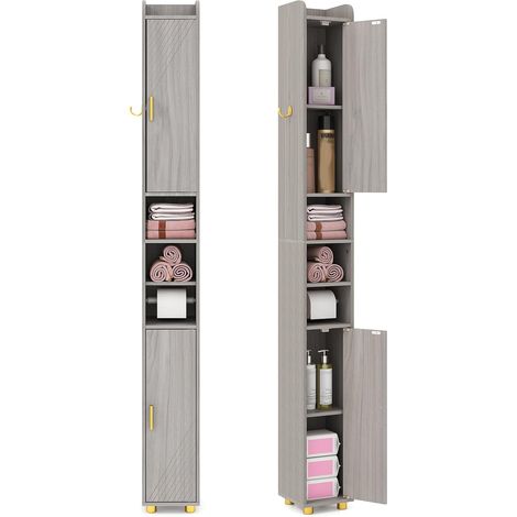 Costway – Meuble de rangement salle de bain haut 179 cm – 2 portes avec étagères réglables – Crochet latéral et barre porte-papier – Gris (1/5)
