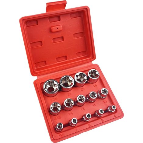 Douille Torx Femelle 1/4" 3/8" 1/2", 14 Pièces Coffret, Jeux de Douilles Allen, Jeu de Torx E4, E5, E6, E7, E8, E10, E11, E12, E14, E16, E18, E20, E22, E24 (1/5)