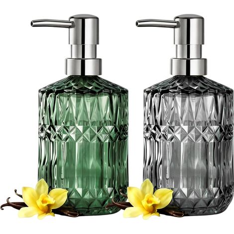 Lot de 2 Distributeur Savon Cuisine en Verre, 450 ML Distributeur Savon Salle de Bain Rechargeable pour Liquide Vaisselle, Huile Essentielle, Shampoing, Lotio (Vert + Gris) (1/5)