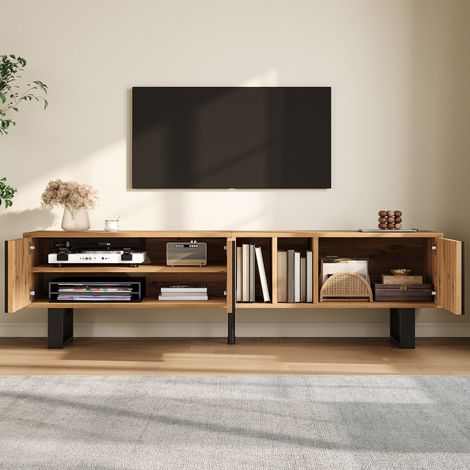 Meuble de salon, 3 portes simples, 2 compartiments séparés, étagères ouvertes, pieds en fer noir, rangement multifonctionnel, meuble TV (1/5)