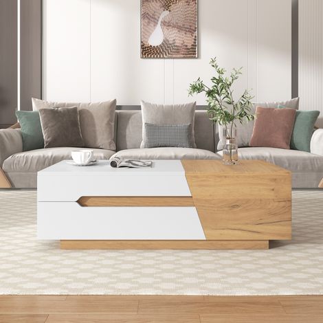 Table Basse Coulissante Extensible 120 cm avec Compartiments Cachés et 2 Tiroirs, Table d'Appoint de Salon Bicolore Design Moderne - Blanc et Bois Naturel (1/5)