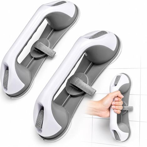 Barres d'appui pour baignoire et douche, lot de 2, sans perçage, avec 3 ventouses, amovibles et sécurisées pour les personnes âgées, compatibles avec les carrelages lisses et le verre, grises. (1/5)