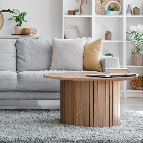 Le Quai Des Affaires – Table basse ronde 80 cm – Décor chêne artisan – Hauteur 42 cm – Piètement circulaire pour esthétique unique