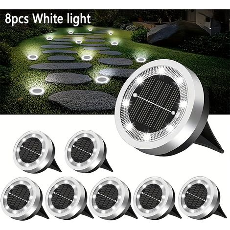 Mini luci solari da terra, confezione da 8, per esterni, impermeabili, piatte, ideali per vialetti, patii, prati e passi carrai - luce bianca.