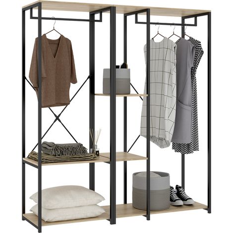 Armario Grande Cotton, Dormitorio 3 Estantes, Barra para Ropa, Cajones, 40x167h cm Roble Marrón