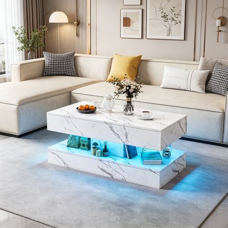 JOOKGBD-Table Basse avec éclairage LED,table de salon avec 2 tiroirs,table basse rectangulaire avec espace de rangement ouvert,haute brillance,table d'appoint,blanc (1/5)