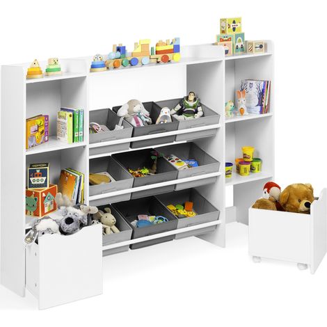 Idmarket – Commode enfant MANA 7 étagères – 6 bacs en tissu – 2 cubes sur roulettes – Dimensions 140x30x100 cm – Blanc