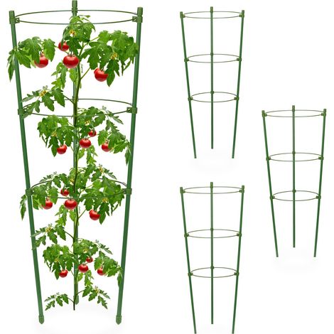 Relaxdays Pack 4 Jaulas Tomates, Soporte Plantas Trepadoras, Tutores Enredaderas, 3 Anillos, para Maceta, 45x18cm, Verde