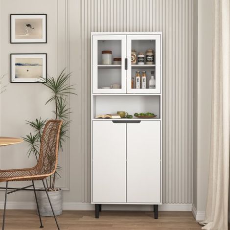 Librería grande de 4 puertas, cristal templado, estantes ajustables, MDF lacado blanco, para salón y dormitorio. (1/5)