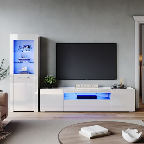 ELEGANT Living Room Home Furniture Set 2000mm LED TV Unit Stand Display Cabinet Sideboard with 16 color RGB LED Lights Storage Unit in White High Gloss Style 2
