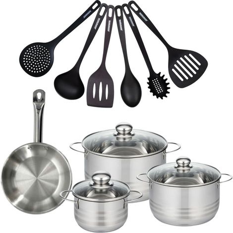 Set 1 poêle 20 cm en inox, 3 faitouts inox 16, 20 et 24 cm et 6 ustensiles RPET Fackelmann Eterna (1/5)