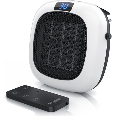 Brandson Steckdosen Heizlüfter 700W mit Fernbedienung, Thermostat, Timer 1-12 Stunden, Automatische Abschaltung, Überhitzungsschutz, Weiß