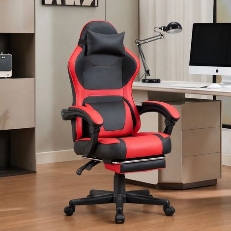 Chaise de jeu ergonomique en noir et rouge, équipée d'un repose-pied rabattable et d'un double coussin pour le bas du dos – idéale pour le télétravail et les pauses détente (1/5)