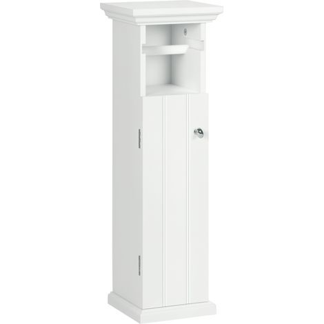 Meuble de salle de bain support papier toilette avec placard et sortie papier en bois blanc (1/5)
