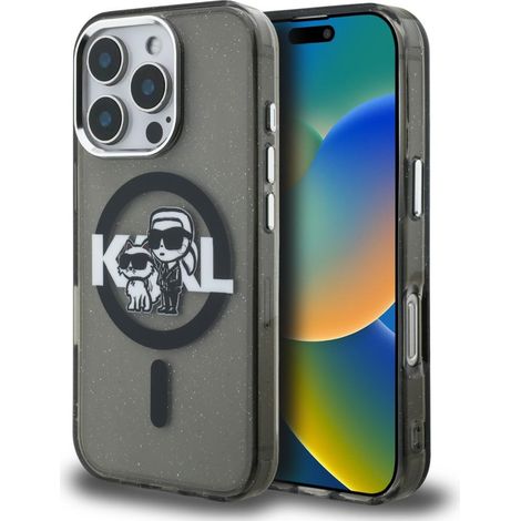 Funda MagSafe Karl Lagerfeld IML Glitter Karl & Choupette Sketch Logo para iPhone 16 Pro negra (1/5)