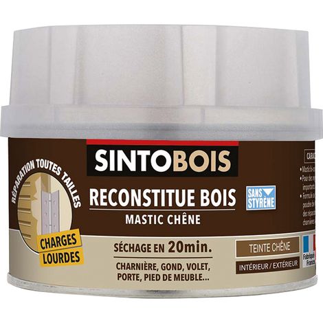 Mastic polyester chêne foncé – Réparation charges lourdes – Se perce, visse et taraude facilement – Finition rapide en extérieur – Sintobois