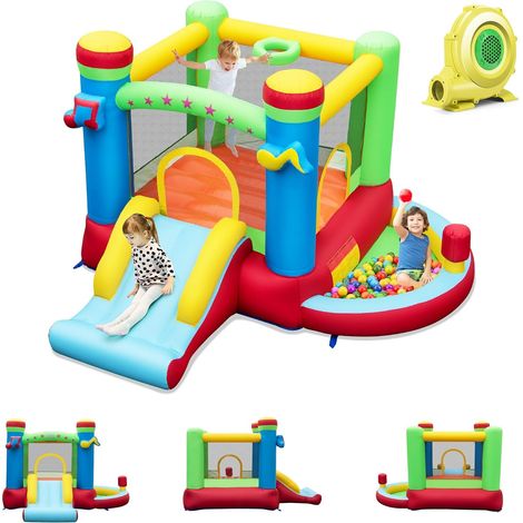 GOPLUS Château Gonflable Exterieur Enfant avec Toboggan, Panier de Basket, Jeux de Lancer d'Anneaux,Thème Musique, pour 2 Enfants de 3-12 Ans,Charge 90KG,294x290x190CM (Souffleur 450W)