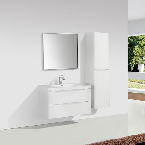 Stano. – Ensemble meuble salle de bain suspendu 90 cm – Vasque en marbre synthétique blanc – Meuble bas avec 2 tiroirs – Rails amortisseurs pour fermeture silencieuse (1/5)