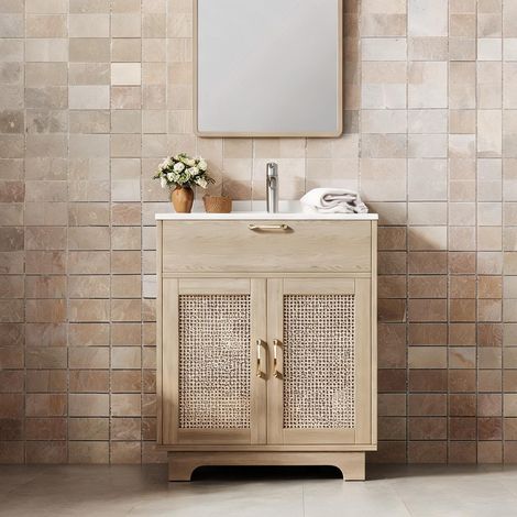 Meuble sous vasque 76 cm finition naturelle céramique et portes (1/5)